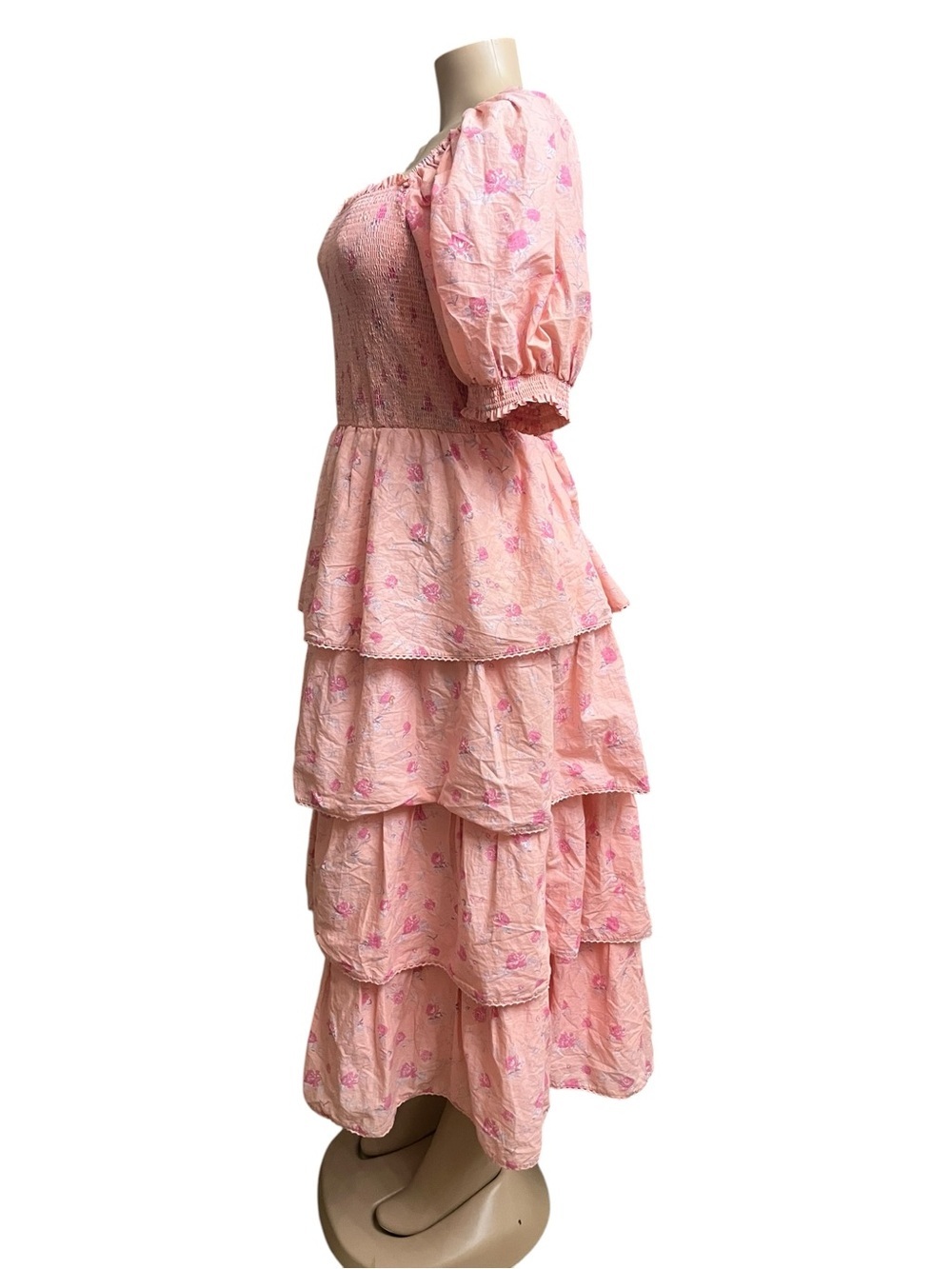 LoveShackFancy Pink Floral Smocked Puff-Sleeve Tiered Maxi Dress - Picture 3 of 8